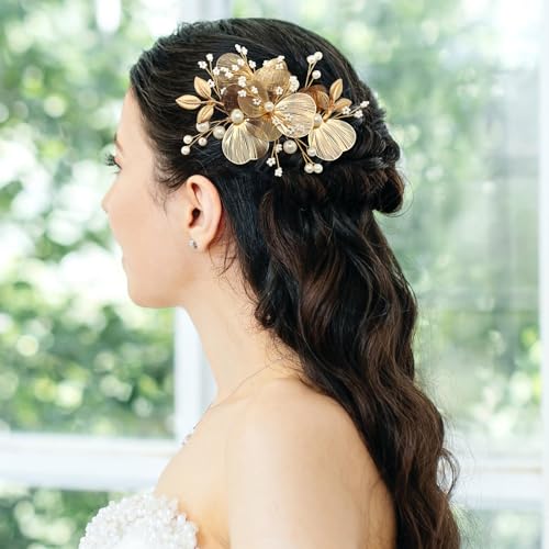 Gold Pearl Flower Hair Comb for Bride Wedding