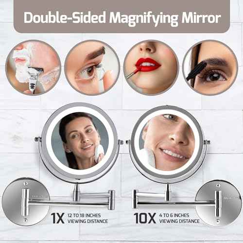 OVENTE Wall Mounted Lighted Makeup Mirror, 7" Double Sided 1X/10X Magnifying Vanity Mirror for Bathroom with LED Lights, Cordless, 360¡Æ Rotation and 13" Extendable Arm, Polished Chrome MFW70CH1X10X