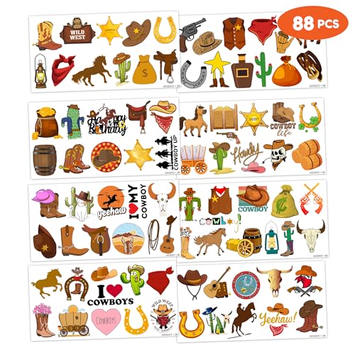 Cowboy First Temporary Tattoos 8 Sheets 78 PCS Western Party Decorations Supplies Favors Horse Rodeo Theme Birthday Cute Stickers Christmas Gifts for Boys Girls Class School Prizes Carnival