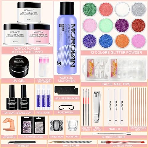 Morovan Monomer Acrylic Nail Liquid with Powder Kit Glitter Acrylic Powders Set for Nail Art Decoration Extension DIY at Home