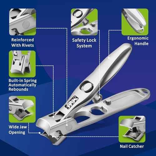 DIGNITY Nail Clippers for Men Women Seniors with Catcher and Safety Lock,Wide Jaw Opening,Thick Fingernail Toenail Clipper Set, Slanted Edge Nail Clippers,Ear Picker,Nail File,with Case,4 Pcs Set
