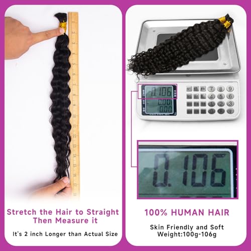 Human Braiding Hair for Boho Braids, 12A Boho Hair for Braiding Knotless Curly Natural Black 20 Inch 100g Unprocessed Brazilian Virgin Human Hair Bulk Tangle-Free Deep Wave Bohemian Braid