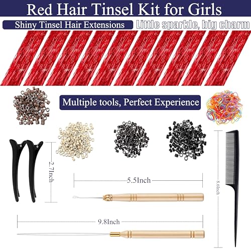 CHENZI Red 48 Inch Hair Tinsel Extensions Fairy Hair Kit for Vibrant Hairstyles