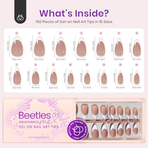 Beetles Pre-French Tips Gel Nail Tips, 4-IN-1 150Pcs Almond Medium Pinkish Brown French Press on Nails Etch X Pre-Primer & Base Coat, No File Need Easy False Nail Tips for Nail Art DIY Design