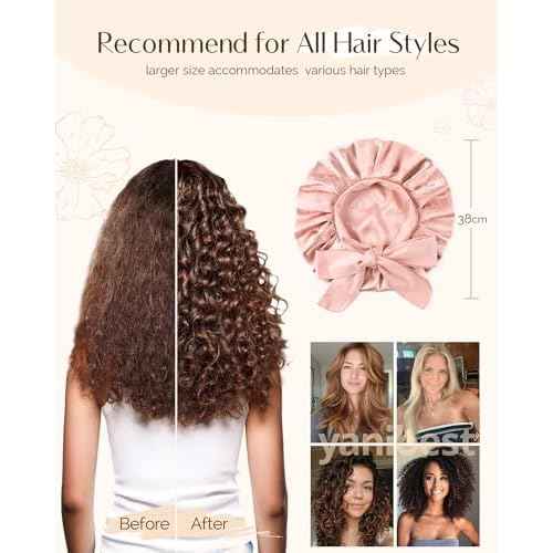 YANIBEST Adjustable Satin Bonnet for Sleeping, Double Layer Silk Bonnet with Tie Band for Women, Sleep Cap Curly Natural Hair, Pink