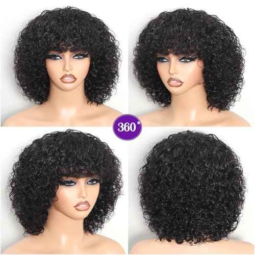 Short Curly Wig With Bangs Human Hair Curly Human Hair Wig With Bangs For Women Glueless 250% Density Water Wave Human Hair Wig With Bangs Natural Black 12Inch