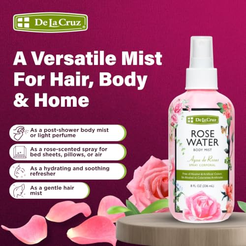 De La Cruz Rose Water Body & Hair Mist 8 fl oz - Natural Refreshing Spray