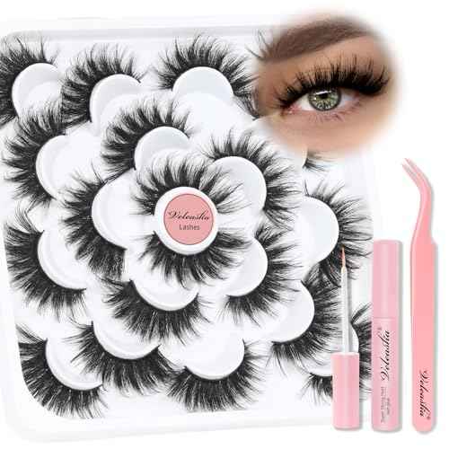 Veleasha Lashes D Curl Fluffy Eyelashes Cat Eye Lashes 5D Volume False Lashes Kit with Lash Glue and Tweezers 10 Pairs Soft False Eyelashes Luxury Fake Eyelashes Wispy Look Like Extensions (D15 Kit)
