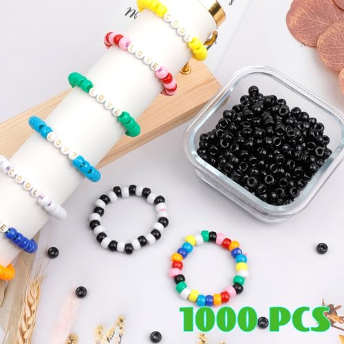 Auvoau 1000Pcs Pony Beads Bracelet 9mm Black Plastic Barrel Pony Beads for Necklace,Hair Beads for Braids for Girls,Key Chain,Jewelry Making (Black)