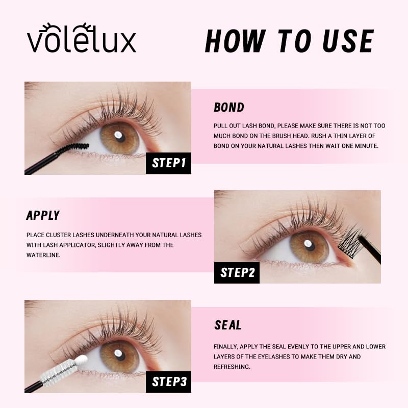 Volelux Pink Lash Cluster Glue & Sealant 2-in-1 Waterproof Lash Adhesive, Sensitive Eyes, Fast-Drying