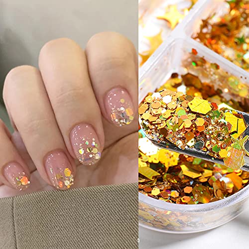 Holographic Nail Art Glitter Sequins Kit 6 Grids Laser Gold Shinning Glitters Nail Art Supplies Stars Moon Nail Art Sticker Decals Heart Glitter Flakes Manicure Tips for Acrylic Nails Decorations