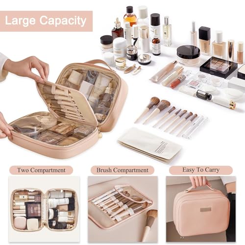 Travel Makeup Bag Large Capacity Transparent Double Sided Cosmetic Bags with Makeup Brush Compartment- PU Waterproof Leather Makeup Toiletry Organizer Bag for Women,Pink