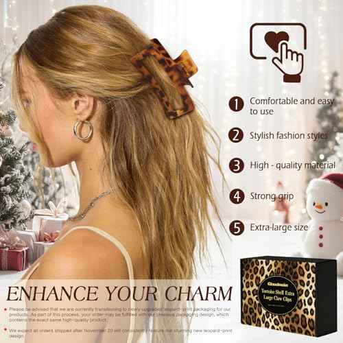 4 PCS 5 Inch Extra Large Claw Clips for Women, Tortoise Shell Jumbo Claw Clips for Thick Long Curly Hair, Rectangle Strong Hold Hair Clip, Non-slip Square Durable Hair Accessories, Christmas Gifts
