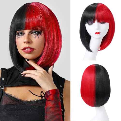 Half Red Half Black Wig with Bangs for Women 12 Inch Stright Color Bob Wigs Heat Resistant Synthetic Wig for Halloween Party Cosplay Wigs