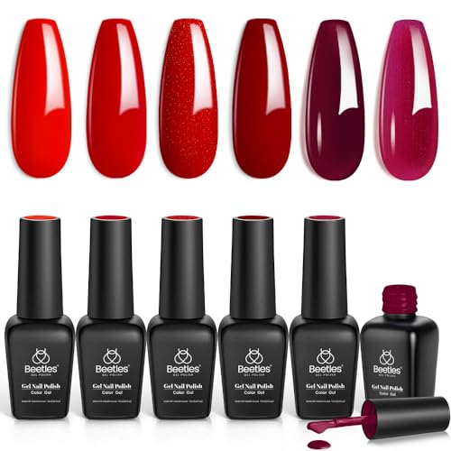 Beetles Red Gel Nail Polish Set and Beetles 6 Pcs Gel Nail Art Brushes Set