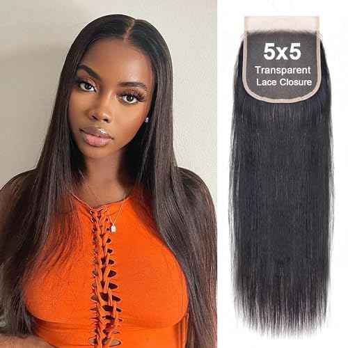 5x5 Transparent HD Lace Closure Human Hair Straight Lace Closure Unprocessed Virgin Human Hair Invisible Lace Frontal Closure Pre Plucked with Baby Hair Natural Black Color 14 inch