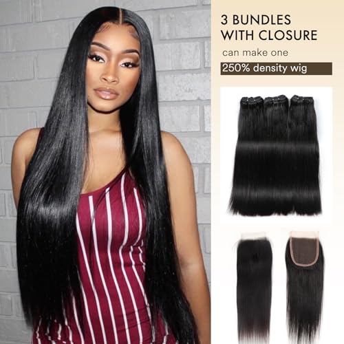 Brazilian Virgin Hair Bundles Straight 12 14 16" + 4x4 Closure
