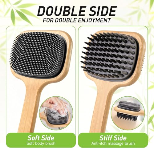 Bath Brush with Long Bamboo Handle, Soft Bristles (21.65 inch)
