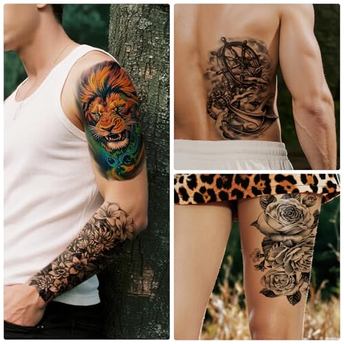 Large Temporary Tattoo for Adults and Kids, 36 Sheets Half Arm and Small Tattoos for Men and Women, Animal Flower Fake Tattoo with Lions and Tigers Designs