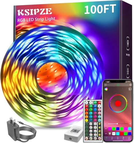 KSIPZE 100ft RGB LED Strip Lights with Music Sync & App Control for Bedroom & Home Decor