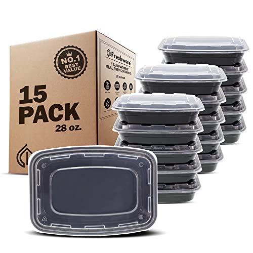 Freshware Meal Prep Containers 15 Count (Pack of 1) Compartment Food Storage Containers with Lids, Bento Box, BPA Free, Stackable, Microwave/Dishwasher/Freezer Safe (28 oz) (Color May Vary)