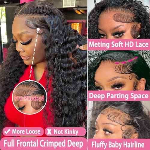 250 Density Deep Wave Lace Front Wigs Human Hair Curly Wig Wet and Wavy Lace Front Wigs Pre Plucked Frontal Wigs 20 Inch 100% Real Human Hair No Synthetic No Tangle No Shedding Triple Lifespan 3X