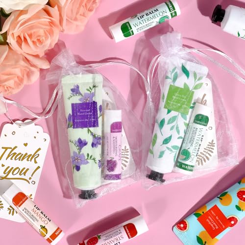 AZEN 50 Sets Bulk Gifts, Hand Cream and Lip Balm Bulk Set with Organza Bag Thank You Card, Baby Shower Wedding Gifts for Guests, Bridal Wedding Favors, Valentines Gift for Women