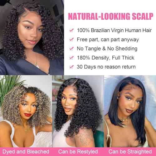 Deep Wave Bob Wig Human Hair 14 Inch 13x4 Lace Front Bob Wigs Human Hair Pre Plucked 180 Density HD Transparent Lace Front Human Hair Wigs for Black Women Natural Black