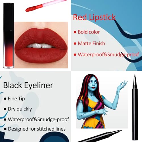 Sally Face Halloween Makeup Kit - Light Blue Paint, Red Lipstick & Eyeliner