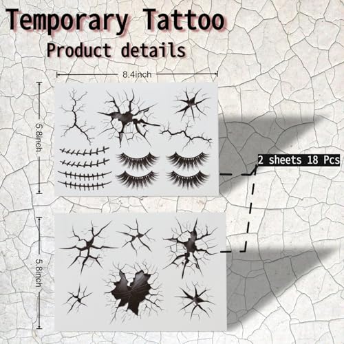 Halloween Creepy Cracks Face Tattoo Set, Temporary Makeup Stickers with Eyelashes, Black Broken Glass Pattern, Costume Accessories (Black)