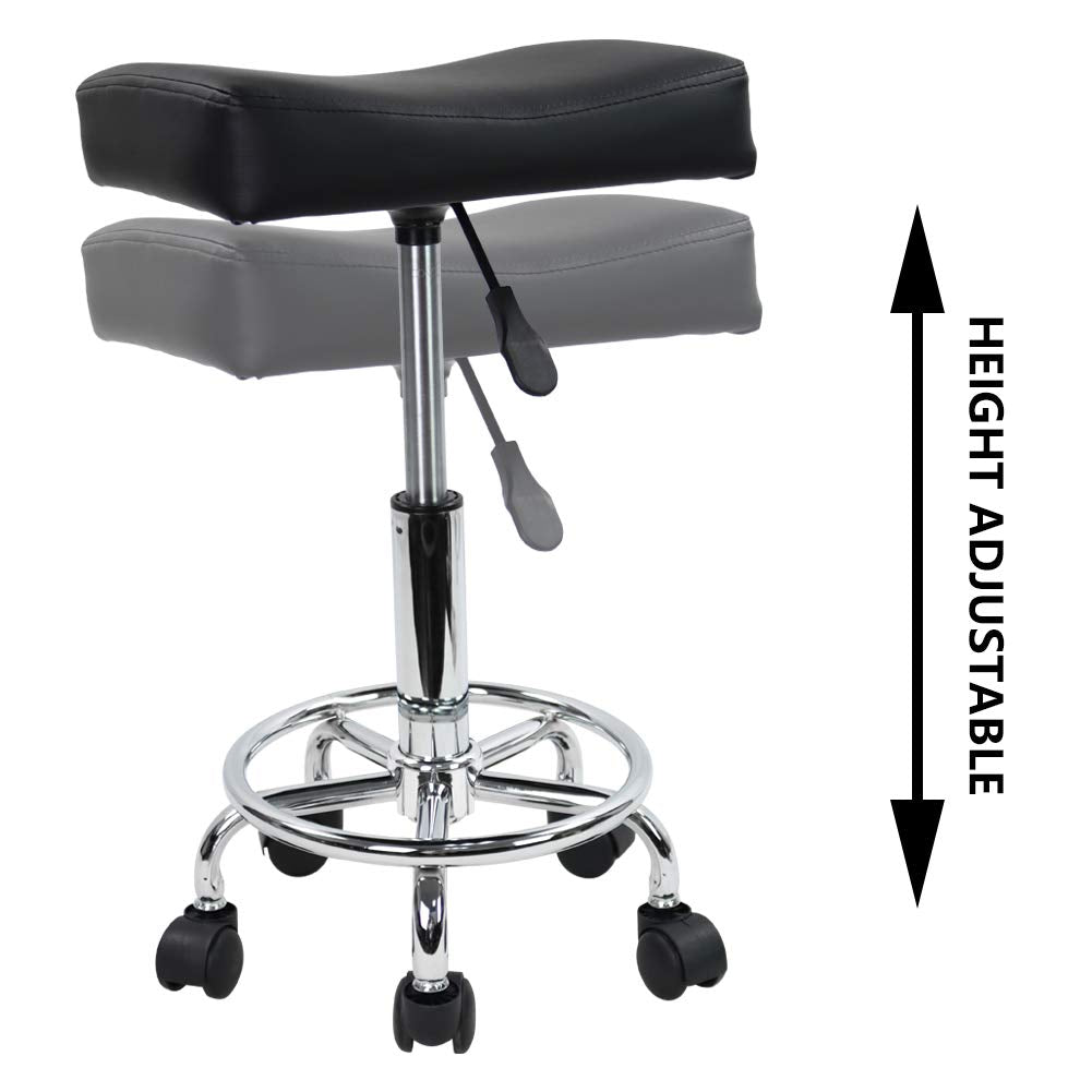 KKTONER Square Rolling Stool PU Leather Height Adjustable Swivel Massage SPA Salon Stools Task Chair with footrest (Black)