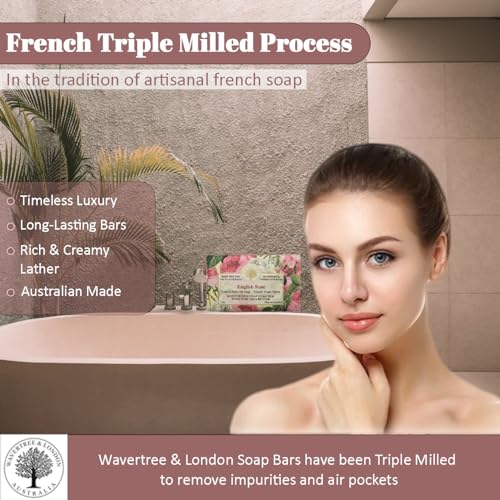 Wavertree & London English Rose Scented Natural Soap (2 Bars), 7oz Moisturizing French Triple Milled Soap Bars enriched with shea butter - Pure Plant Oil Bath & Body Soap for All Skin Types