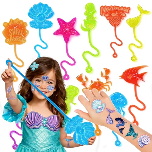 48PCS Mermaid Party Favors - 24PCS Temporary Tattoos & 24PCS Stick Hands - Perfect Birthday Party Supplies, Goodie Bag Stuffers, Treasure Box Toys, Classroom Prizes, and Student Gifts