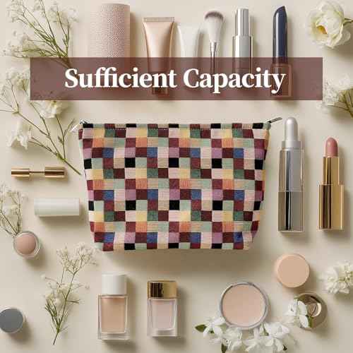Stylish Checkered Makeup Bag for Woemn, Travel Cosmetic Car Organizer, Tartan Cosmetic Bag, Colorful Squares Zipper Canvas Pouch, Plaid Makeup Pouch for Purse, Gingham Make up Bag, Coquette Gifts