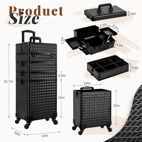 Arous 5-in-1 Black Rolling Makeup Train Case with Detachable Compartments