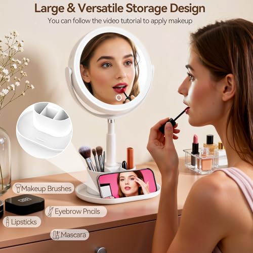 White 20X Magnifying Lighted Vanity Mirror with Storage Base - Dual Sided