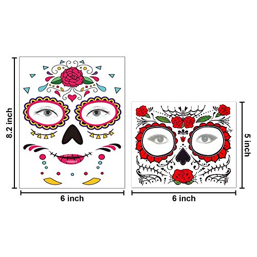 Day of the Dead Face Tattoos - 8 Sheet Sugar Skull Temporary Tattoo Kit