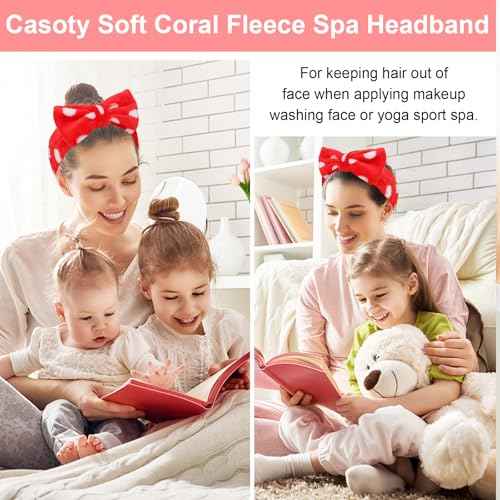 Casoty 10 Pcs Red Dot Makeup Headbands, Spa Gifts for Women Girls, Soft Coral Fleece Skincare Headband, Bow Hair Bands, Beauty Headbands for Face Washing Shower Skin Care Yoga