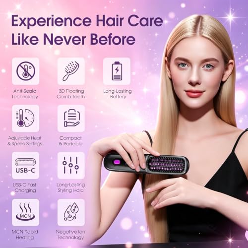 Cordless Hair Straightener Brush with LED Display, Fast Heating