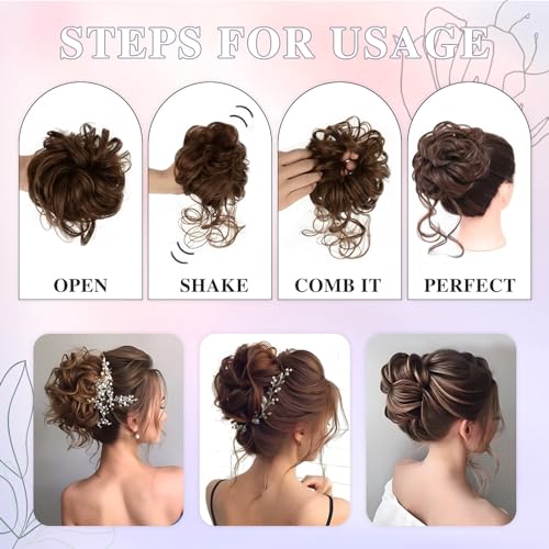 HSLHDI Messy Hair Bun Hair Piece for Women Short Bun Tousled Synthetic Elastic Scrunchies Hairpiece for Women Girls (1-5pcs, 8#-Medium Chestnut Brown)…