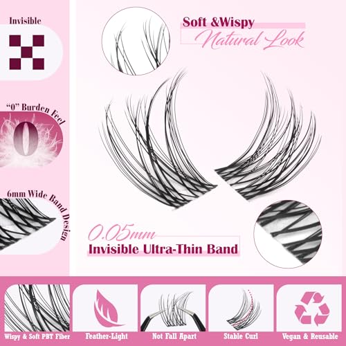 ALICE Lash Clusters Kit Clear Band Natural Lash Extensions Kit 5-16mm Wispy Cluster Eyelash Extension DIY Invisible Band Individual Cluster Lashes with Bottom Lash Bond and Seal Waterproof