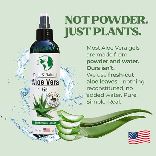 Earth's Daughter Premium Organic Aloe Vera Gel from Fresh Cut 100% Pure Organic Aloe leaves ? TopQuality Fast Absorbing for Face, Skin, Hair & Body ? Vegan, Unscented, Natural - 8 Oz USA Made