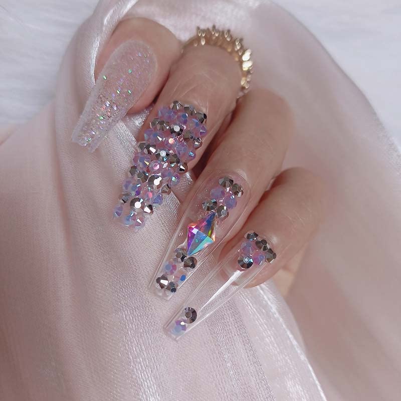 ZYBUXY clear press on Nails luxury Fake Nails powder Sequins Art Acrylic False Nails Tips Ballerina Nails for Women and Girls Coffin long