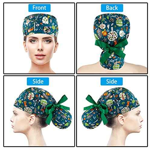 Scrub Caps Women Bouffant Scrub Hats Caps Nurses, Adjustable Working Cap Ponytail Pouch Tie Back Hats