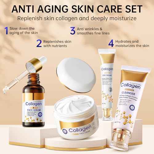 Collagen Skin Care Set, Anti Aging Skincare Set for Reduce Wrinkles, Shrink Pores, Smooth Fine Lines, Hydrating, 4 Pcs Travel Skincare Kits for Women with Cleanser, Serum, Cream, Eye Cream.