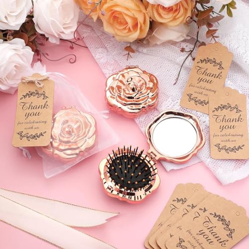 50 Sets Rose Compact Mirrors Brush Bulk Quinceanera Wedding Party Favors for Guests Rose Makeup Mirror with Thank You Tag Twine and Organza Bag for Bridal Shower Souvenir Gift