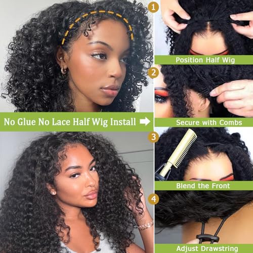 Hertune Kinky Curly Half Wig - 3-in-1 Glueless Wear & Go 14 Inch