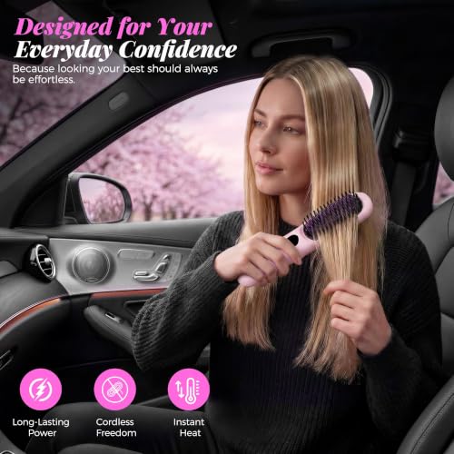 Cordless Hair Straightener Brush with 4 Heat Settings - Pink