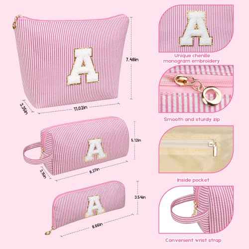 Initials Makeup Bag Set, Personalized Pink Cosmetic Bag, Cute Large Make up Bags, Travel Toiletry Bag for Women Girl Gifts M (Pink)