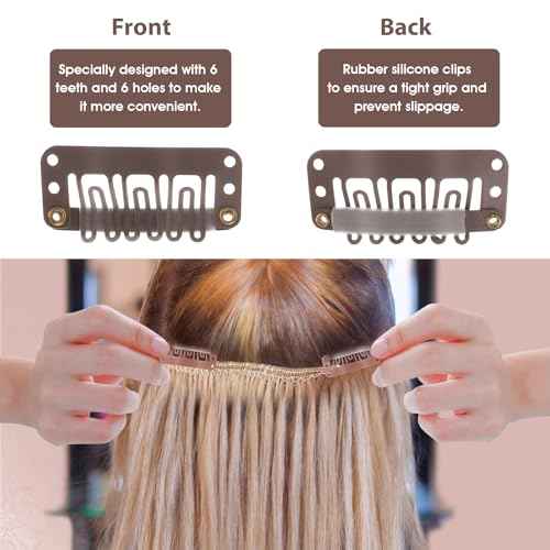 Yolev 50PCS Wigs Snap Clips Hair Extension Clips 6-Teeth U-Shape Metal Silicon Wig Hair Extension Clips for Women Hairpiece (Dark Brown)